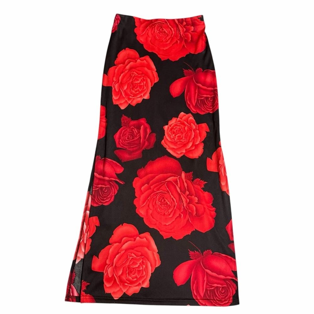 Venus 90s Vintage Floral Red and Black Maxi Skirt Size XS